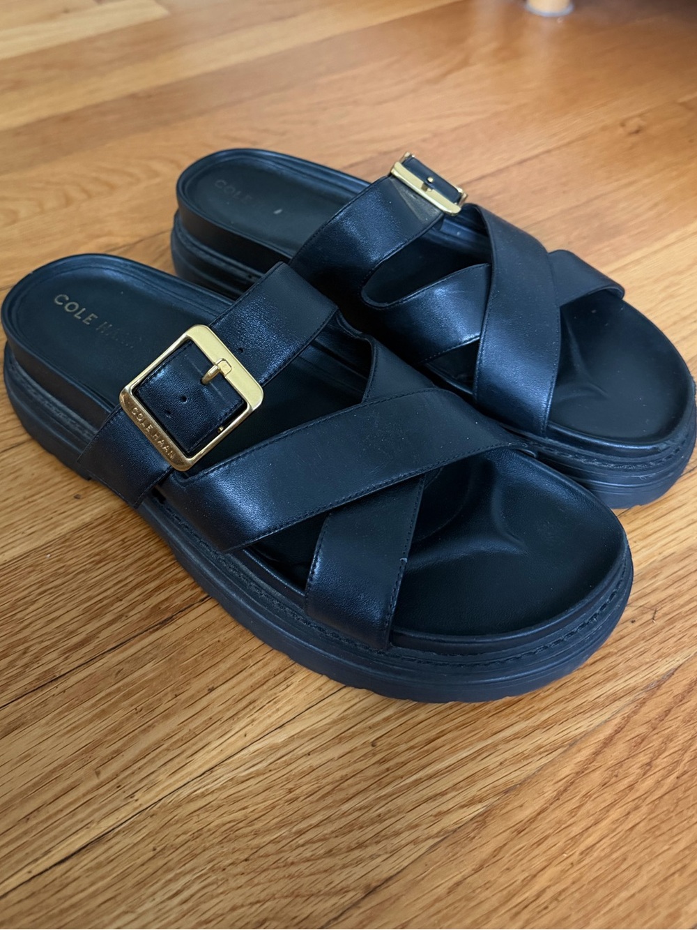 Cole Haan Black Leather Crisscross Buckle Sandals